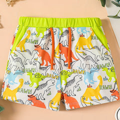 Cartoon Dino Print Boys Elastic Waist Shorts for Summer