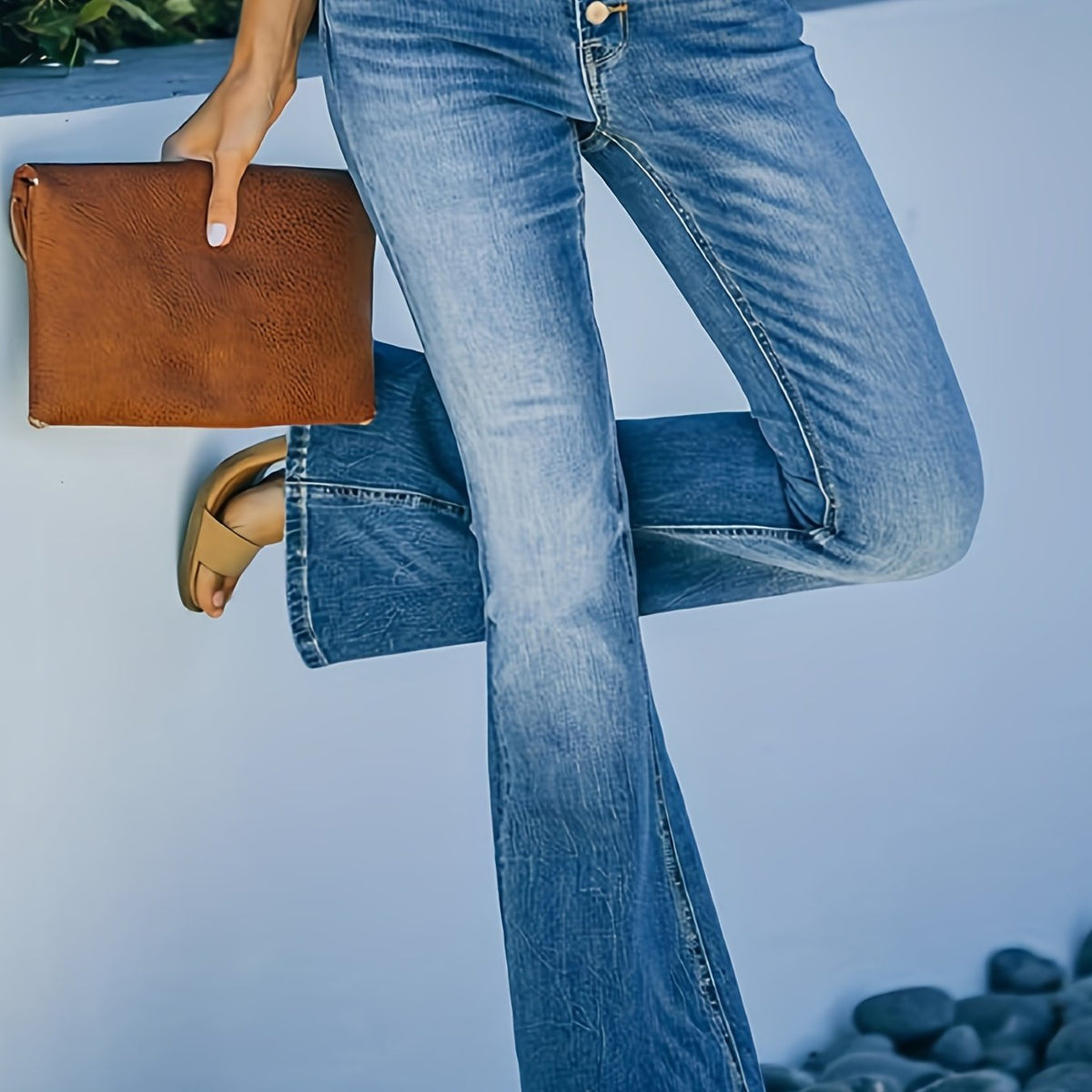 High Waist Flared Jeans Single Breasted Button Bell Bottom Slight Stretch Denim