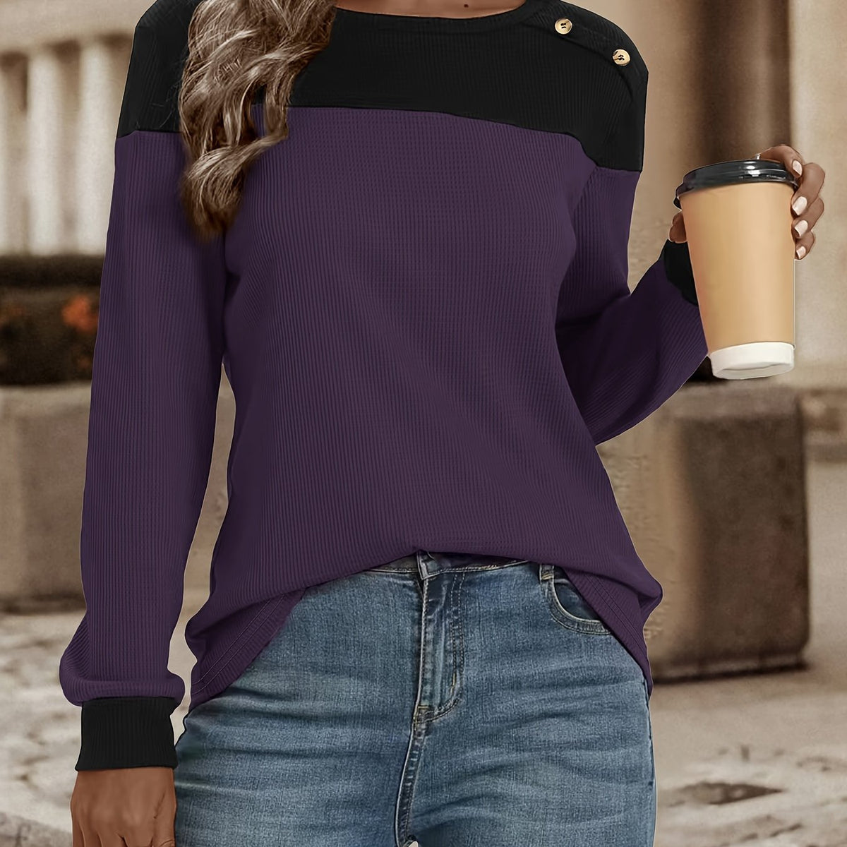  Colorblock Knit Top Long Sleeve Button Decor Crew Neck Waffle
