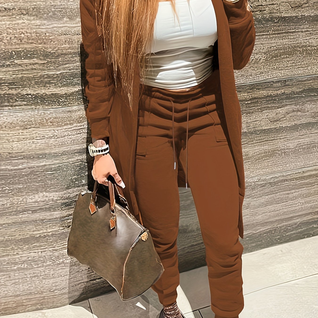  Solid Long Sleeve Coat & Joggers Set