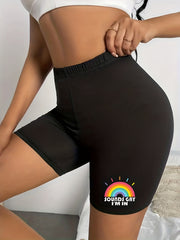 Plus Rainbow & Slogan Print High Rise Skinny Biker Shorts