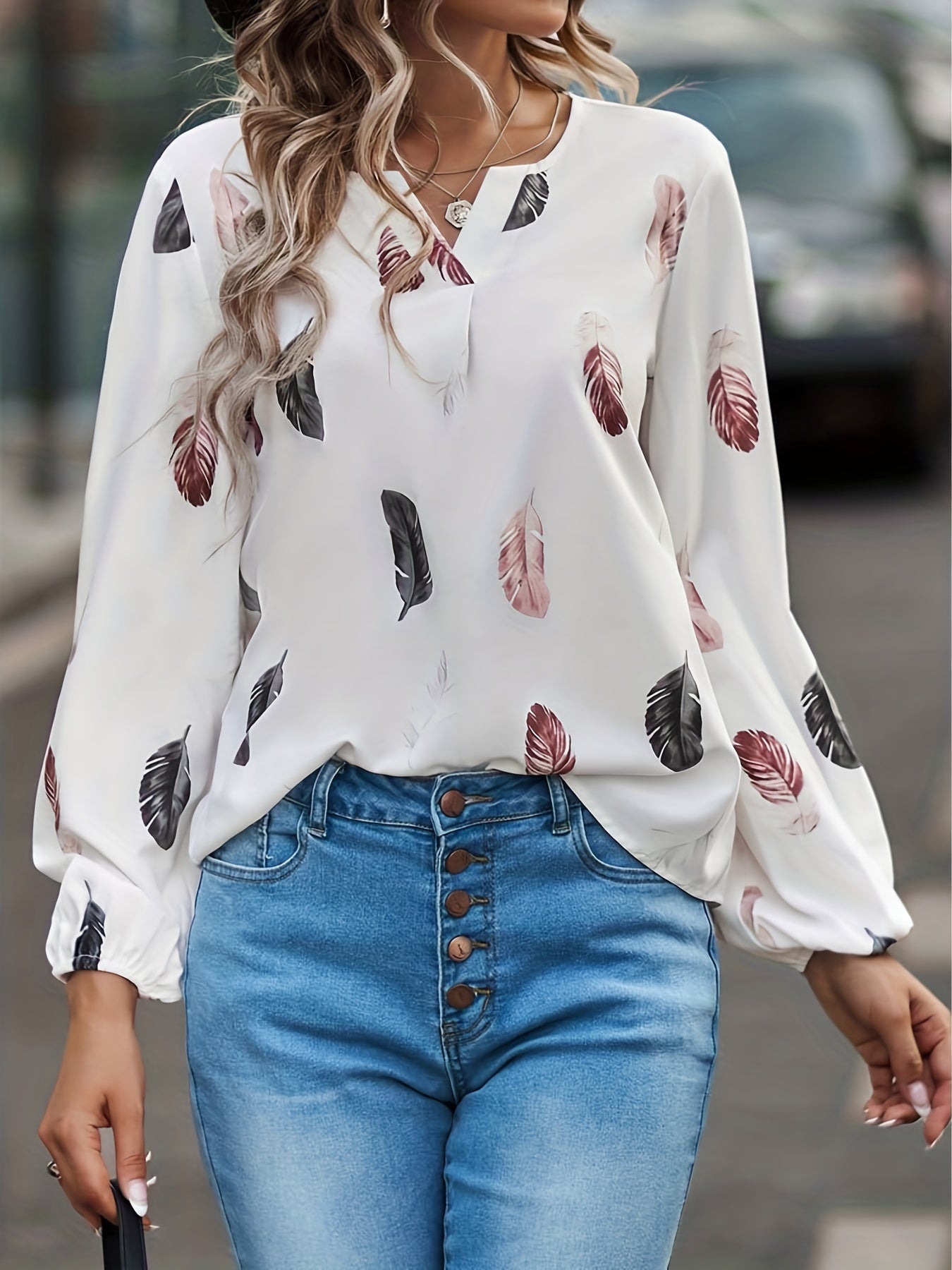  Casual Blouse Feather Print Lantern Sleeve Notched Neck Top