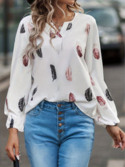  Casual Blouse Feather Print Lantern Sleeve Notched Neck Top