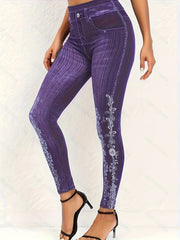  Floral Denim Print Leggings High Rise Medium Stretch