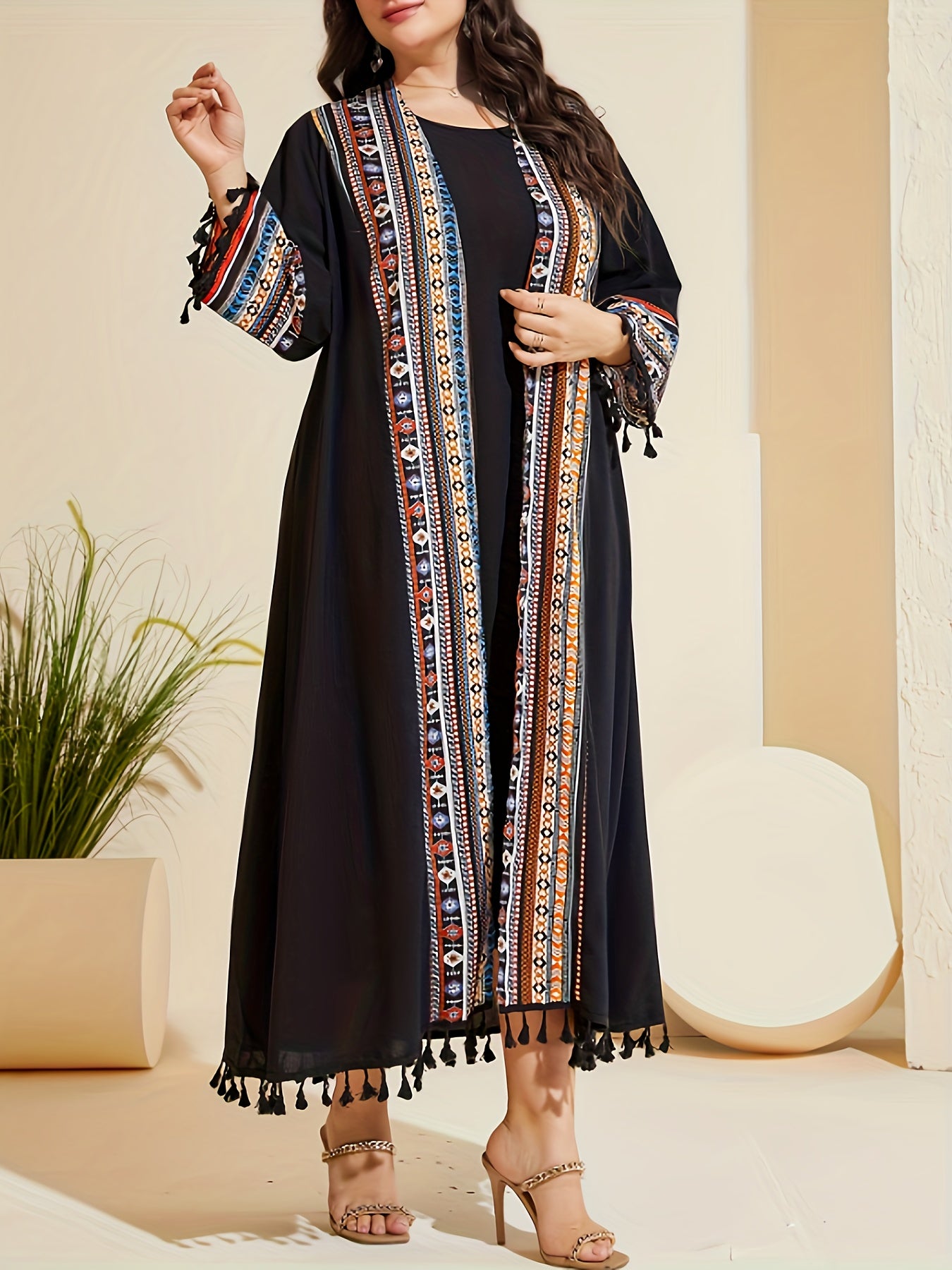  Boho Tank Dress & Geo Print Cardigan Two Piece Set