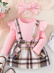 2PCS Toddler Baby Girl Outfit Long Sleeve Tops & Plaid Suspender Dress Set