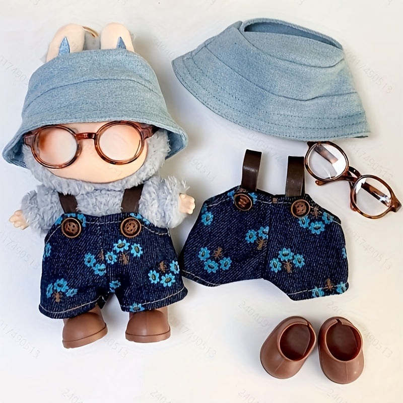 LABUBU Fisherman Hat Denim Overalls Leopard Print Glasses Brown Shoe