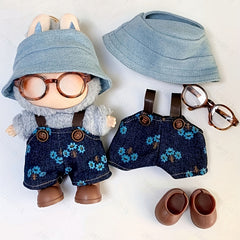 LABUBU Fisherman Hat Denim Overalls Leopard Print Glasses Brown Shoe
