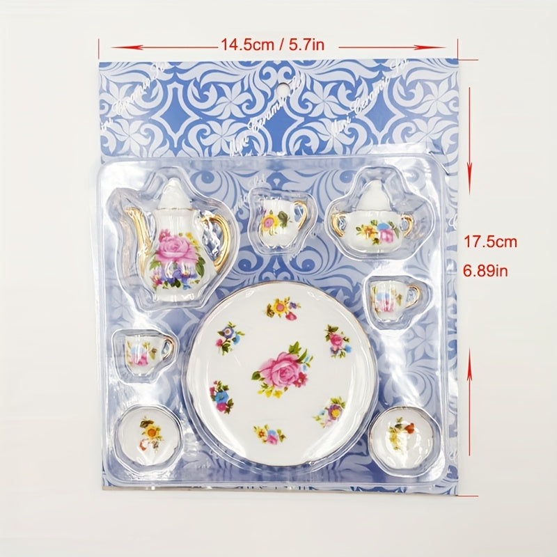Floral Tea Set for Dolls - Teapot, Cups, Saucers, Tray - Flower Patterns
