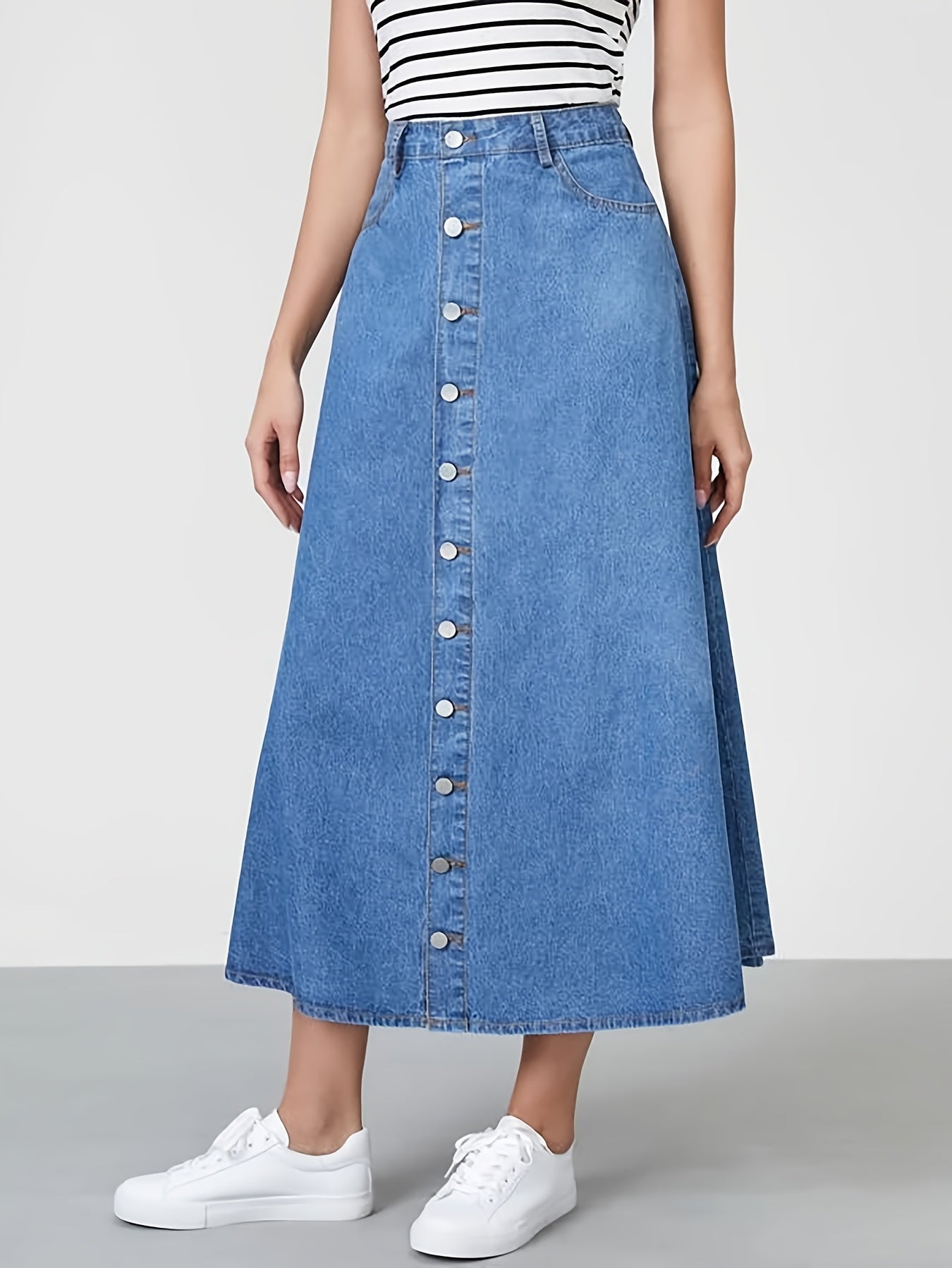 Button Denim Midi Skirt A Line Non Stretch Denim Skirt Women's Denim Clothing