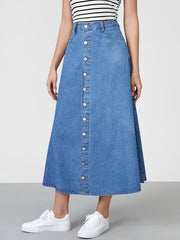 Button Denim Midi Skirt A Line Non Stretch Denim Skirt Women's Denim Clothing