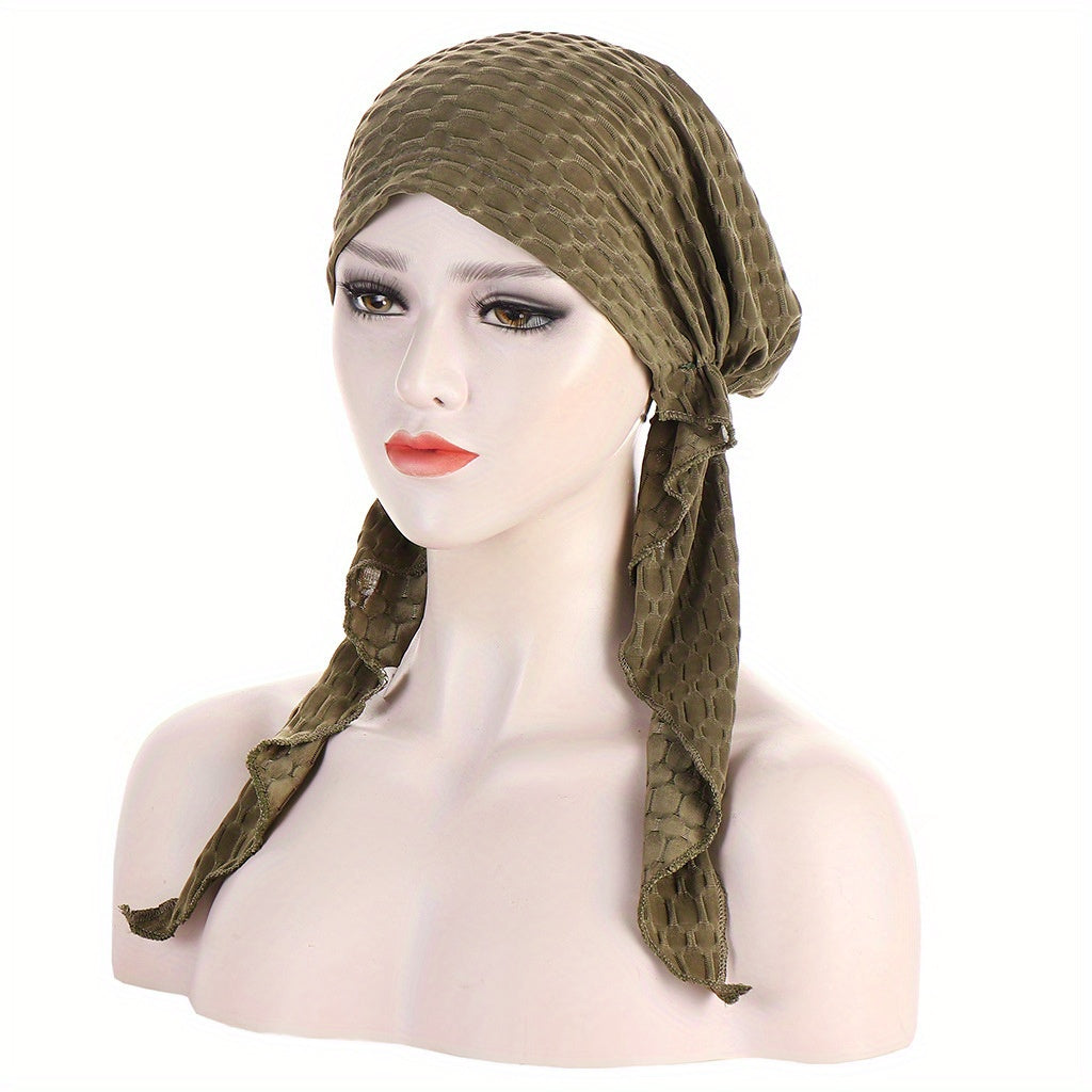 Solid Embossed Turban Cap Elastic Headscarf Women Ramadan Hijab Bandana