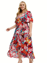  Tropical Print Maxi Dress with Ruffle Trim