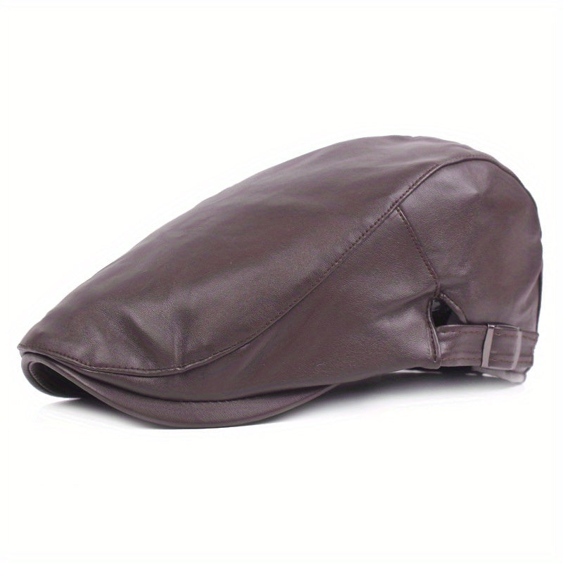 Retro PU Leather Adjustable Beret Duckbill Cap Solid Sun Hats Unisex