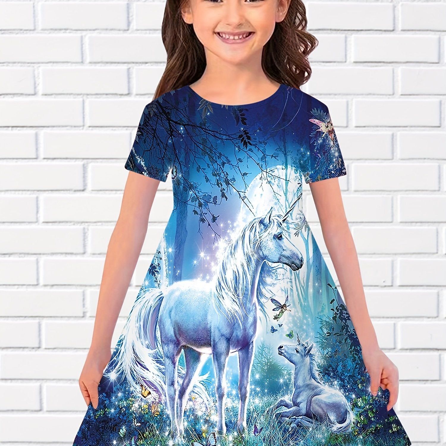Girls Summer 3D Animal Long Dress Short Sleeve Princess Dress