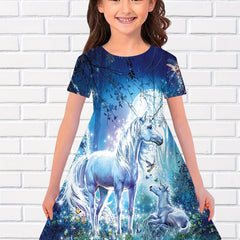 Girls Summer 3D Animal Long Dress Short Sleeve Princess Dress