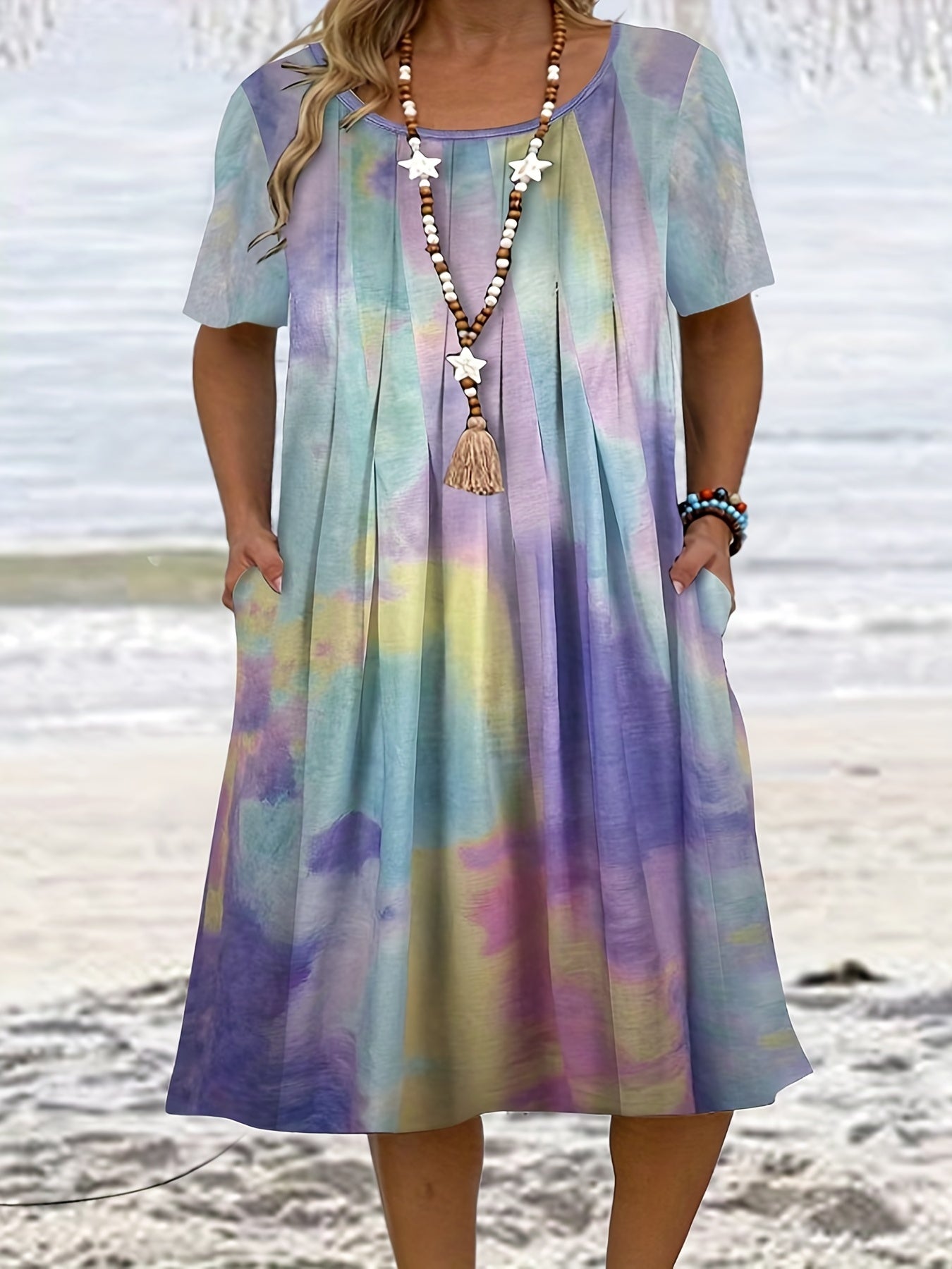  Tie Dye Boat Neck Pleated Midi Dress With Pockets