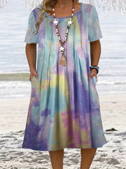  Tie Dye Boat Neck Pleated Midi Dress With Pockets