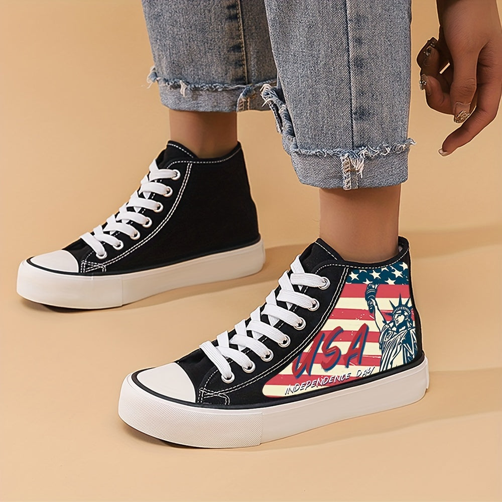 Patriotic Women's High Top Canvas Sneakers Flag Print Lace Up Shoes