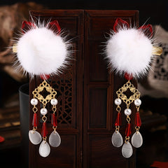 Plush Ball Hair Clip With Opal Pendant Chinese Style Hair Accessories