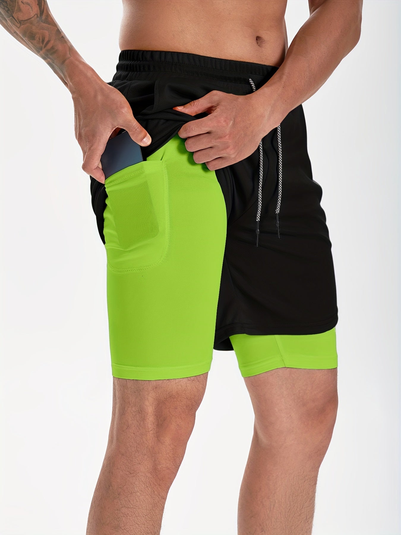 Men's 2-Layer Gym Running Shorts w/ Pockets Quick Dry Stretch Drawstring