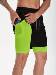 Men's 2-Layer Gym Running Shorts w/ Pockets Quick Dry Stretch Drawstring