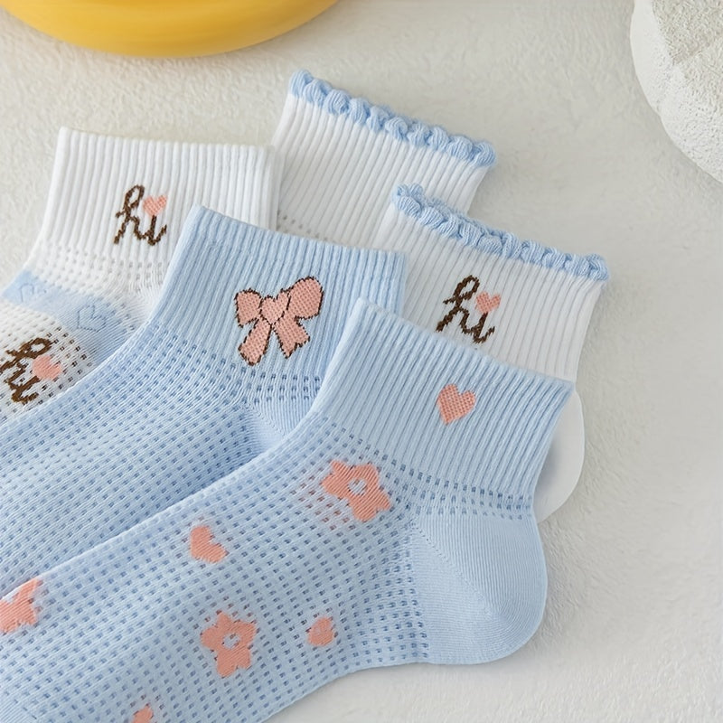 5 Pairs Heart Print Socks Crew Short Stockings for Women