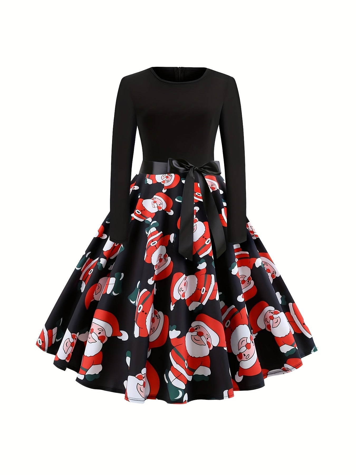  Colorblock Santa Claus Print Round Neck Dress