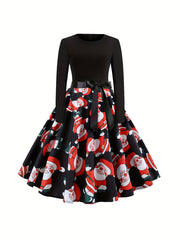  Colorblock Santa Claus Print Round Neck Dress