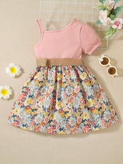 Girls Short Bubble Sleeve Floral Dress Kids Summer Clothes