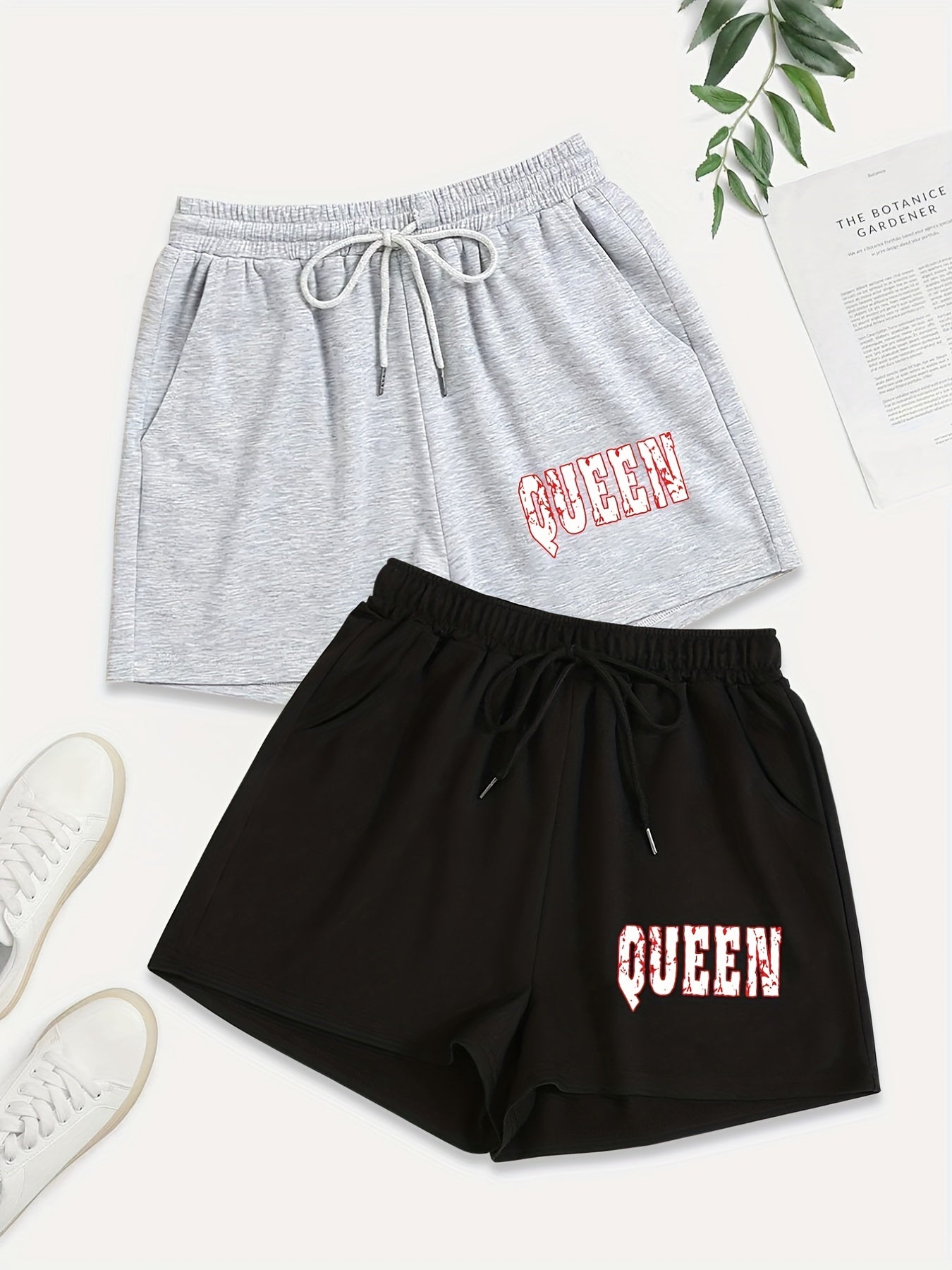 2 Pack Plus Size Sporty Shorts Set Women's Plus Letter Print Elastic Waist
