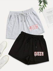 2 Pack Plus Size Sporty Shorts Set Women's Plus Letter Print Elastic Waist