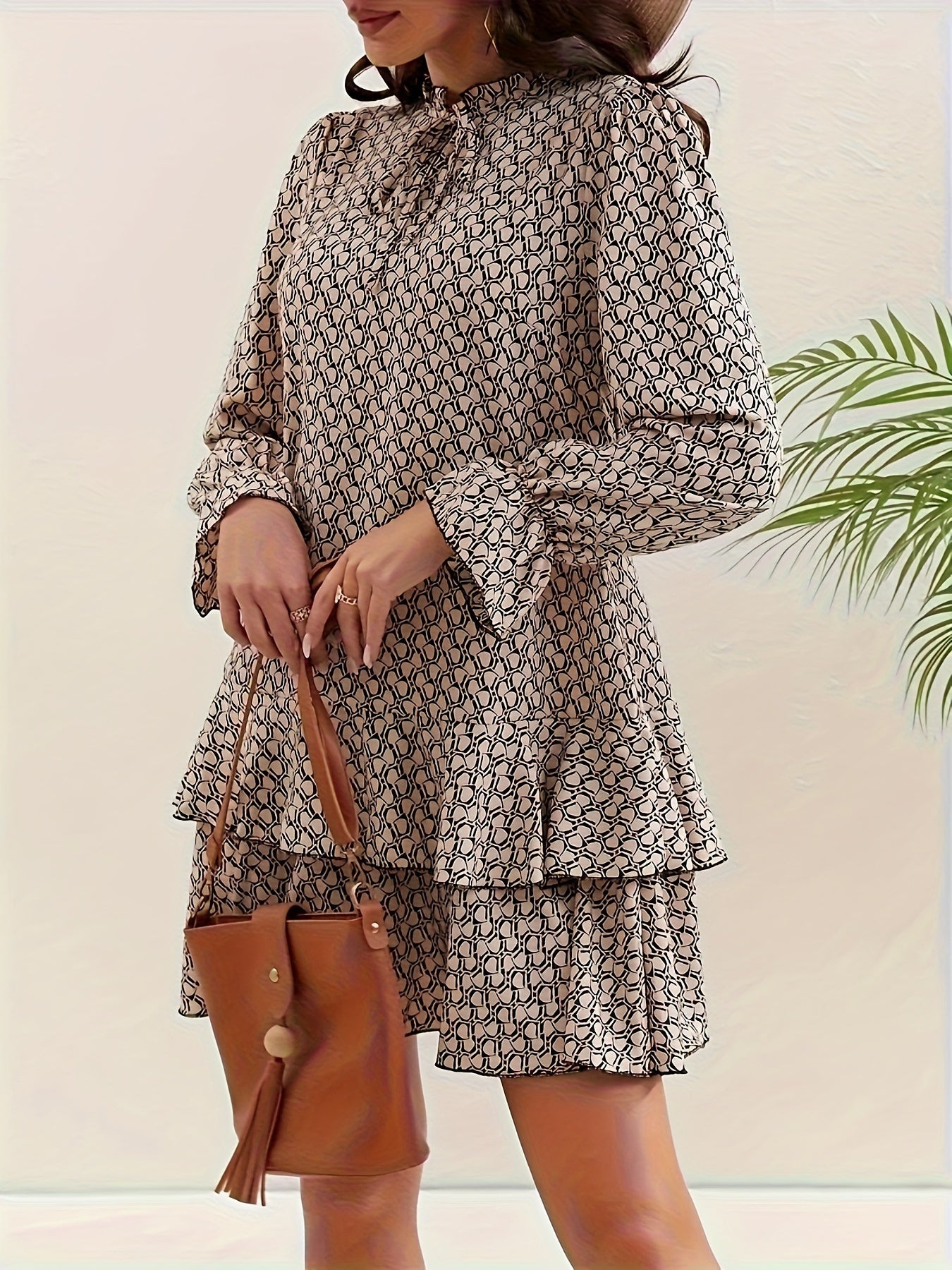  Allover Print Layered Ruffle Trim Flounce Sleeve Dress