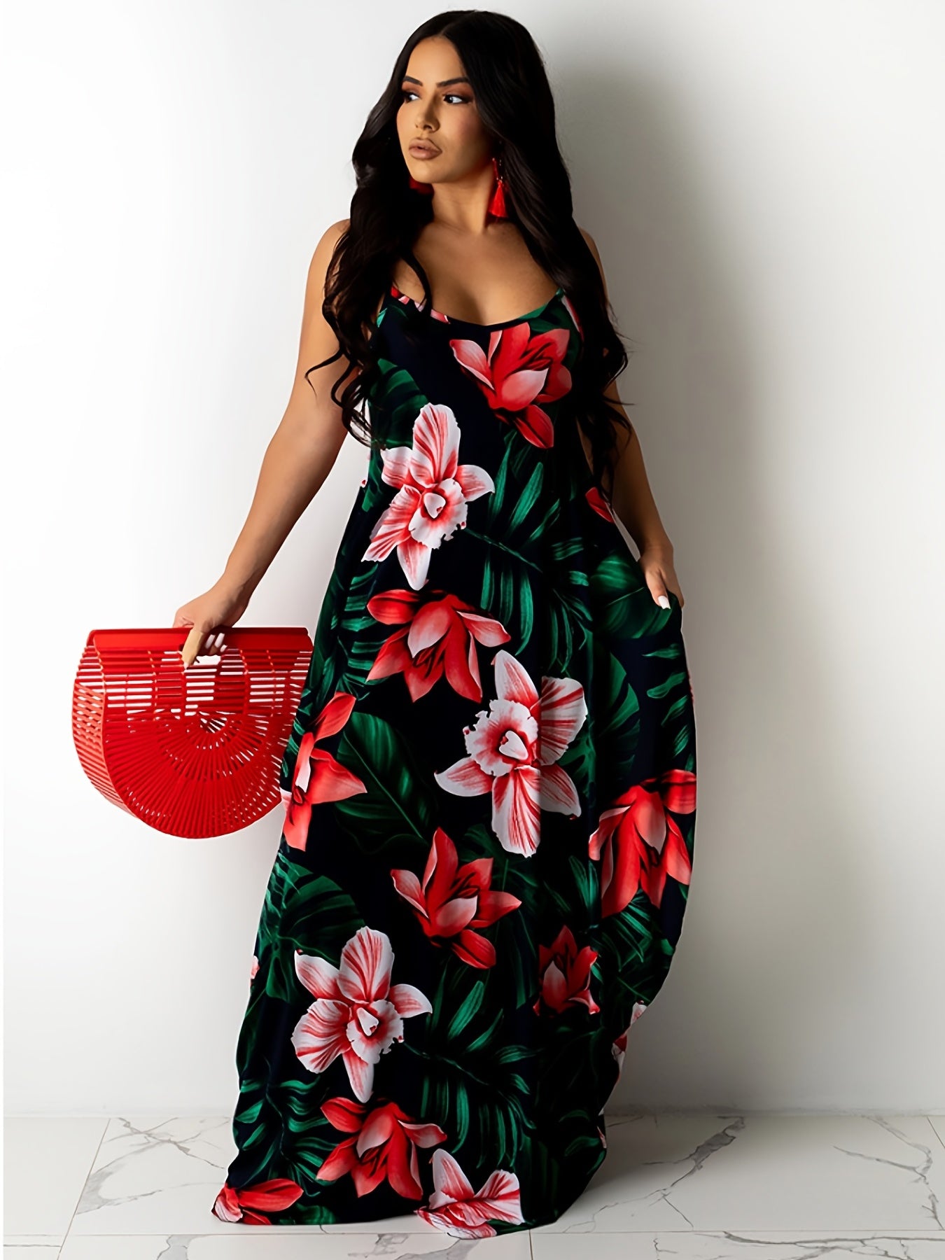 Boho Dress Floral Print V Neck Maxi Dress