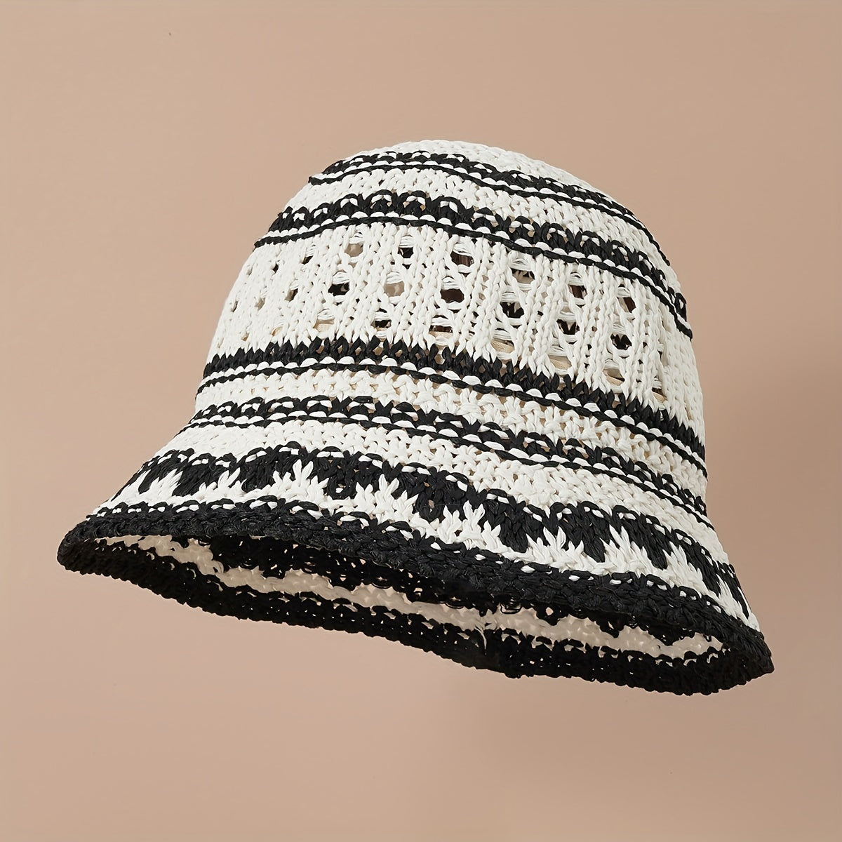 Striped Crochet Bucket Hat Hollow Straw Sun Hat Lightweight Casual Cloche Hat