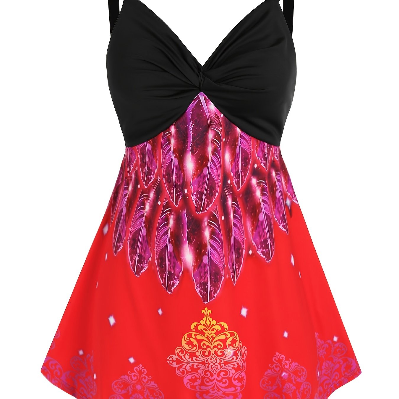 Feather Print Ruched V Neck Tank Top Plus Women's Stretch Tank Top