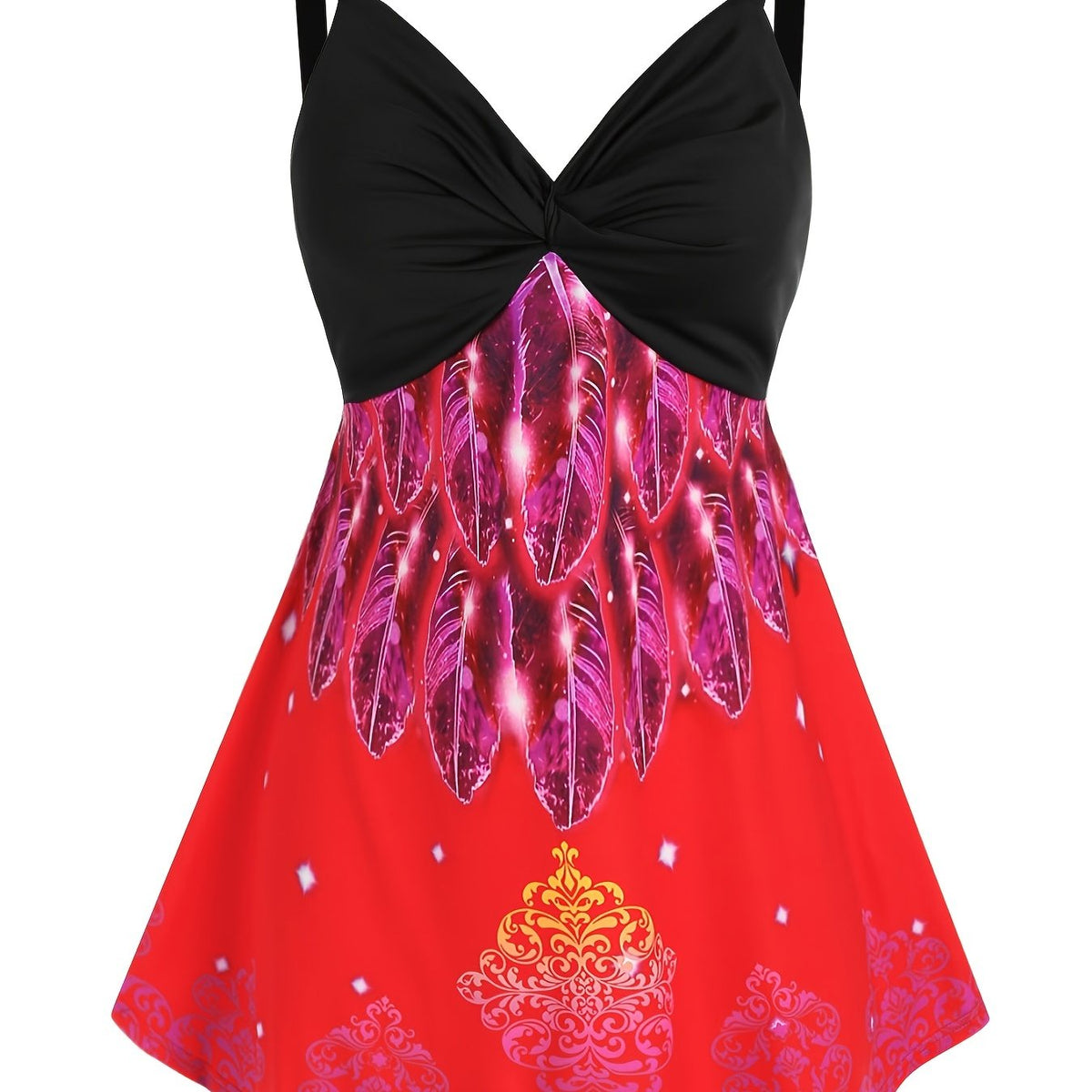 Feather Print Ruched V Neck Tank Top Plus Women's Stretch Tank Top
