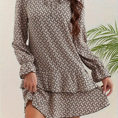  Allover Print Layered Ruffle Trim Flounce Sleeve Dress