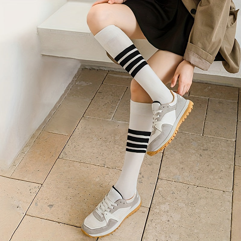 3 Pairs Striped Calf Knee High Socks Women's Stockings & Hosiery