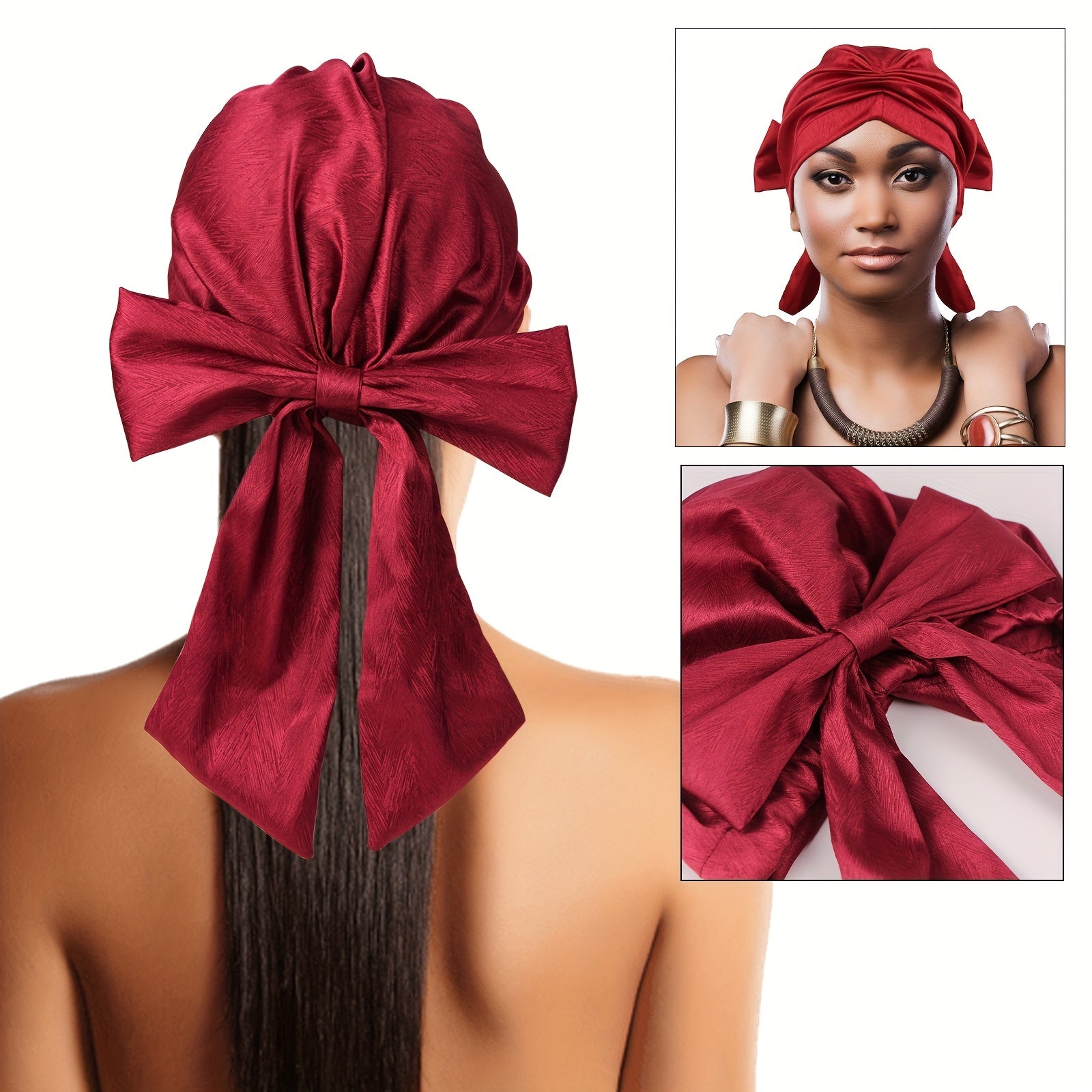 Satin Bowknot Head Scarf Elastic Turban Pleated Head Wraps