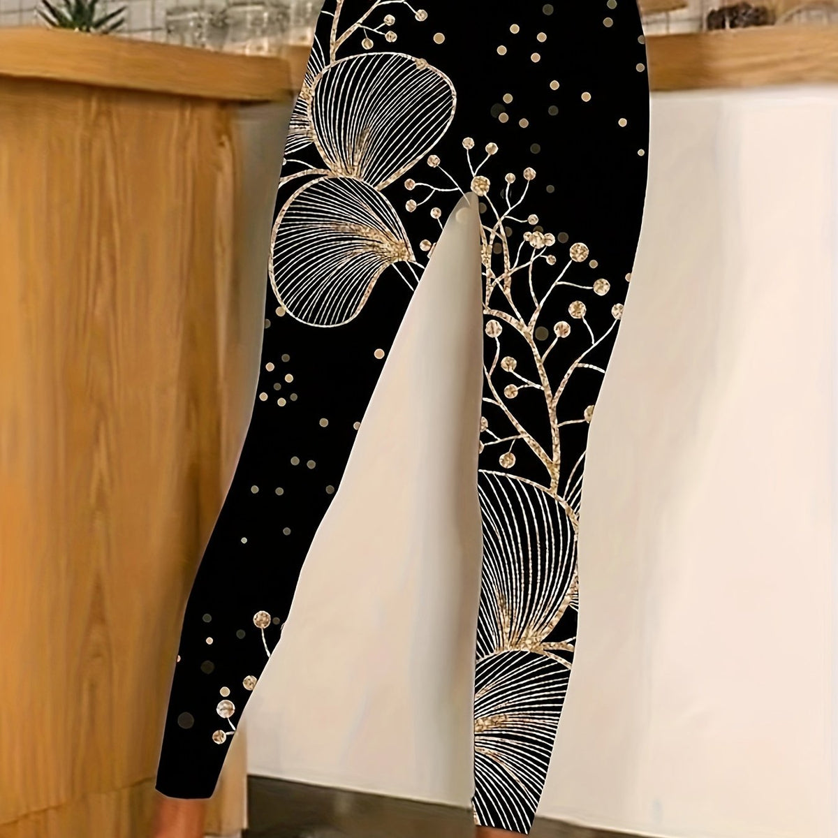  Women's Gold Floral Print High Rise Leggings