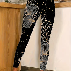 Women's Gold Floral Print High Rise Leggings