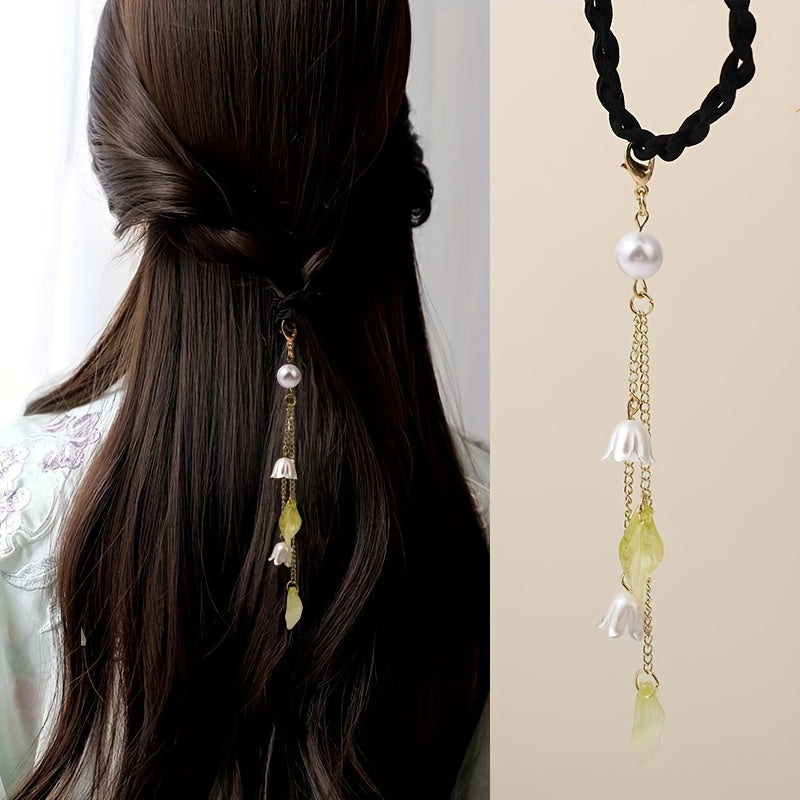 Chinese Hair Tie Bell Orchid Tassel Faux Pearl Petal Hair Rope