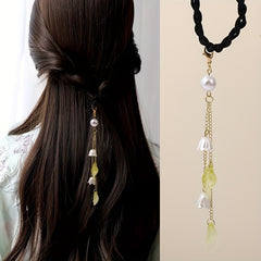 Chinese Hair Tie Bell Orchid Tassel Faux Pearl Petal Hair Rope