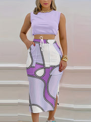  Solid Crop Tank Top & Chain Print Bodycon Skirt Set