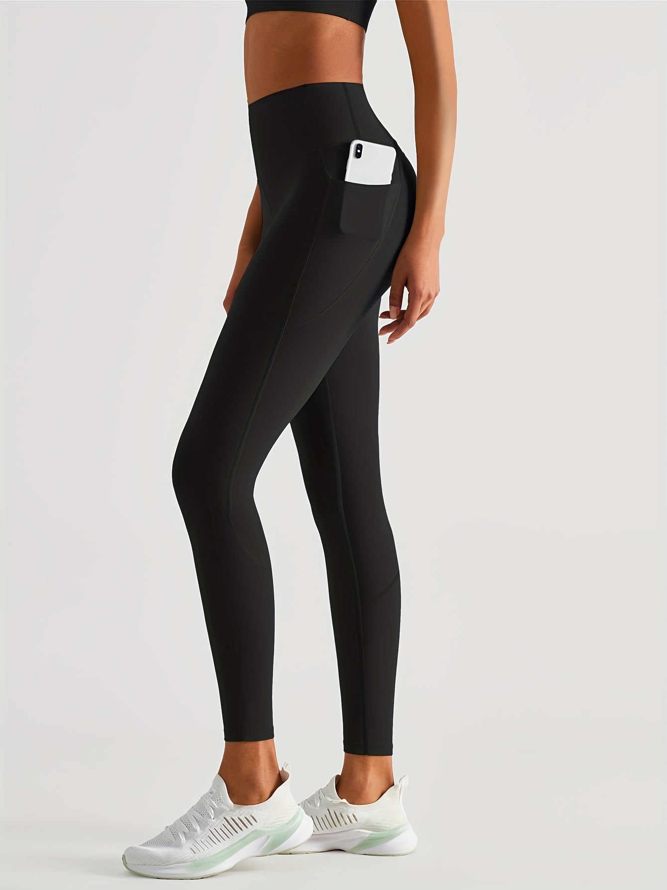 High Waist Fleece Sports Pants With Pocket Seamless Solid Yoga Leggings