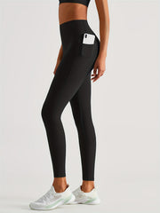 High Waist Fleece Sports Pants With Pocket Seamless Solid Yoga Leggings