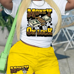 Money Letter Print 2pc Set Crew Neck T Shirt & Shorts Outfits