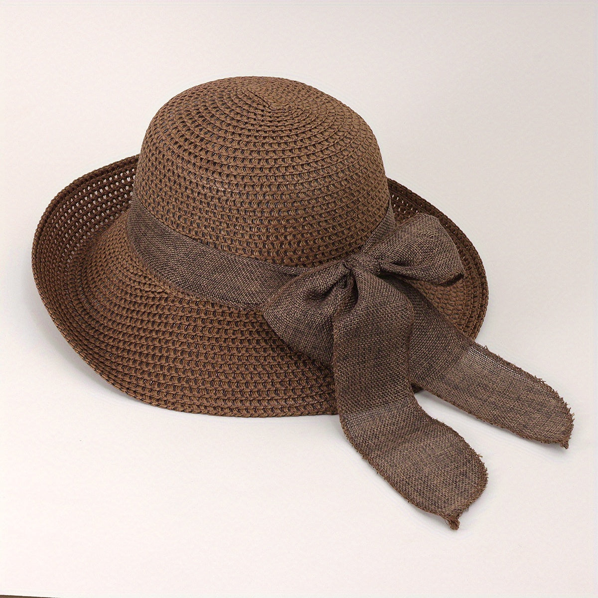 Straw Bucket Hat Bowknot Ribbon Solid Summer Beach Hat