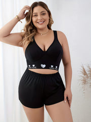  Heart Print V Neck Bra & Shorts Two Piece Underwear Set